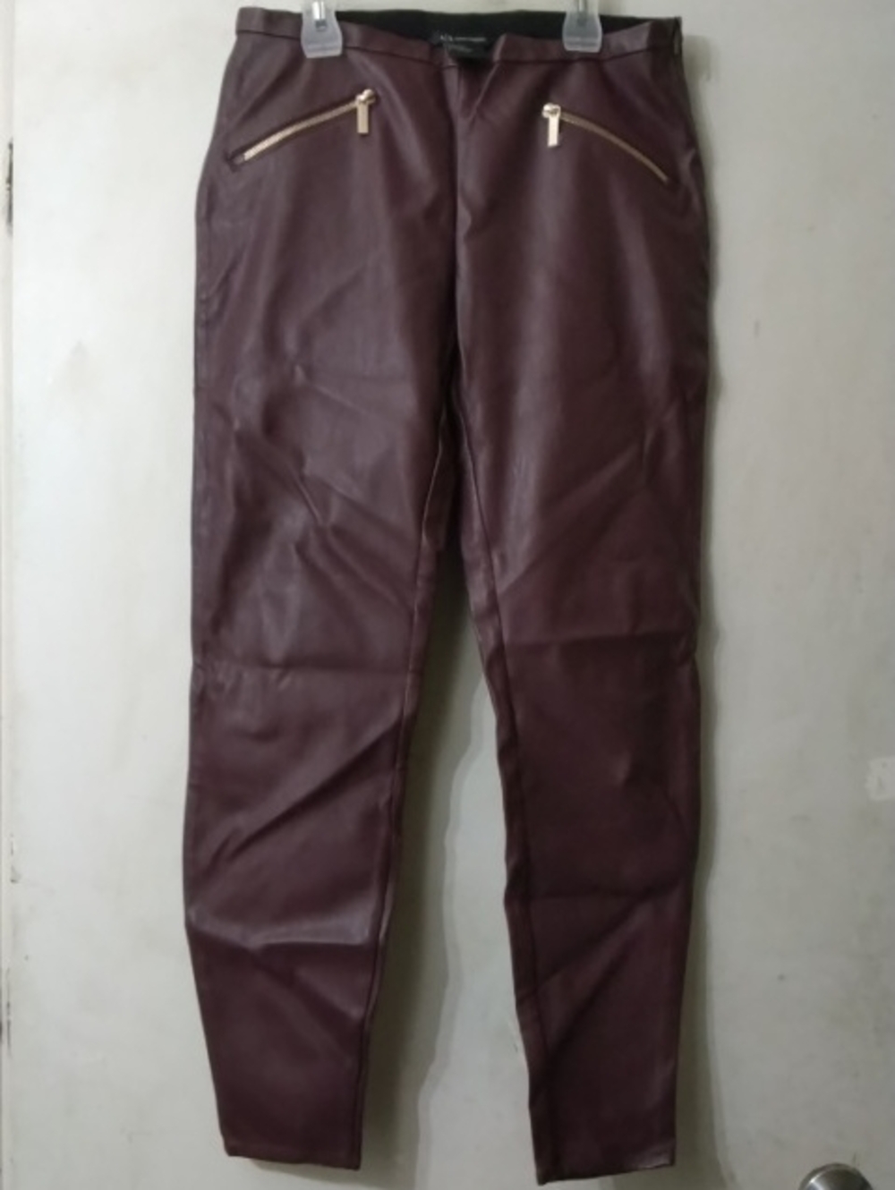 Armani Exchange Burgundy Plum Faux Leather Women's Pants with Gold Zips Sz 8